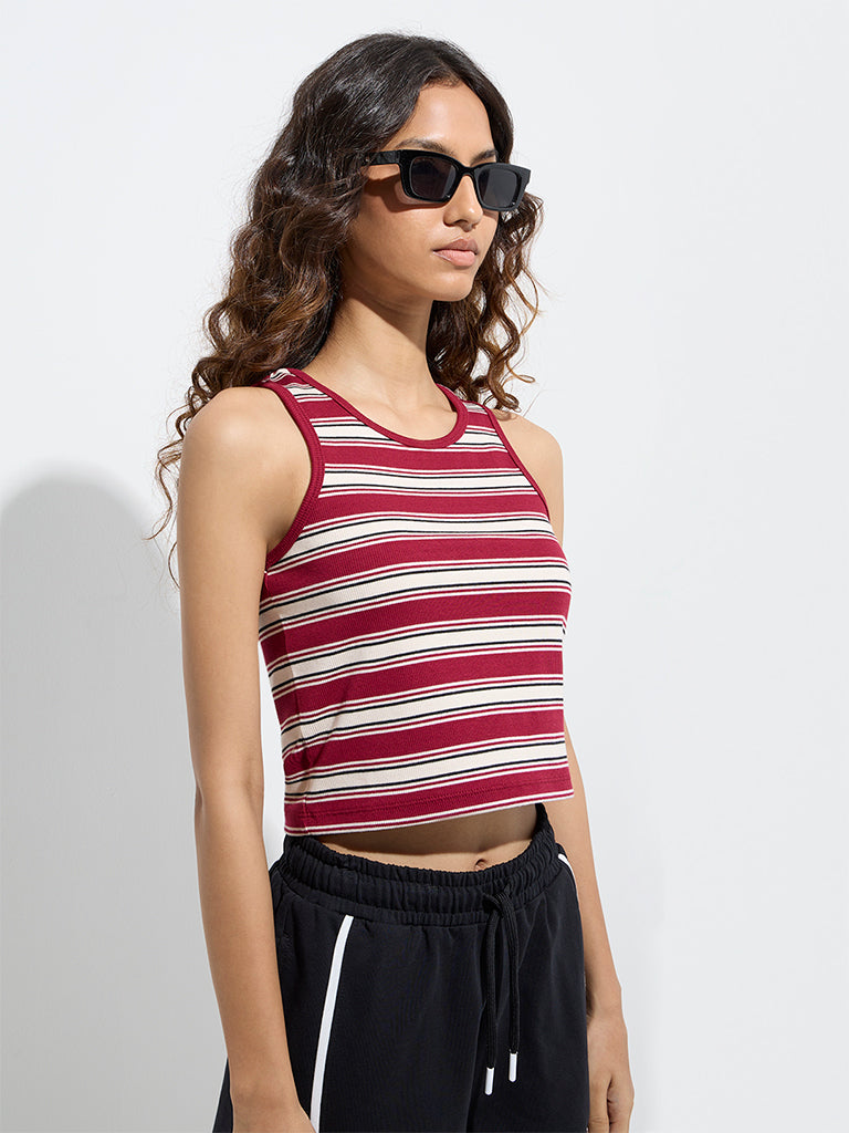 Studiofit Maroon Striped Cotton-Blend Tank Top - Image 2