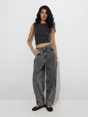 Nuon Grey Washed Relaxed-Fit High-Rise Jeans