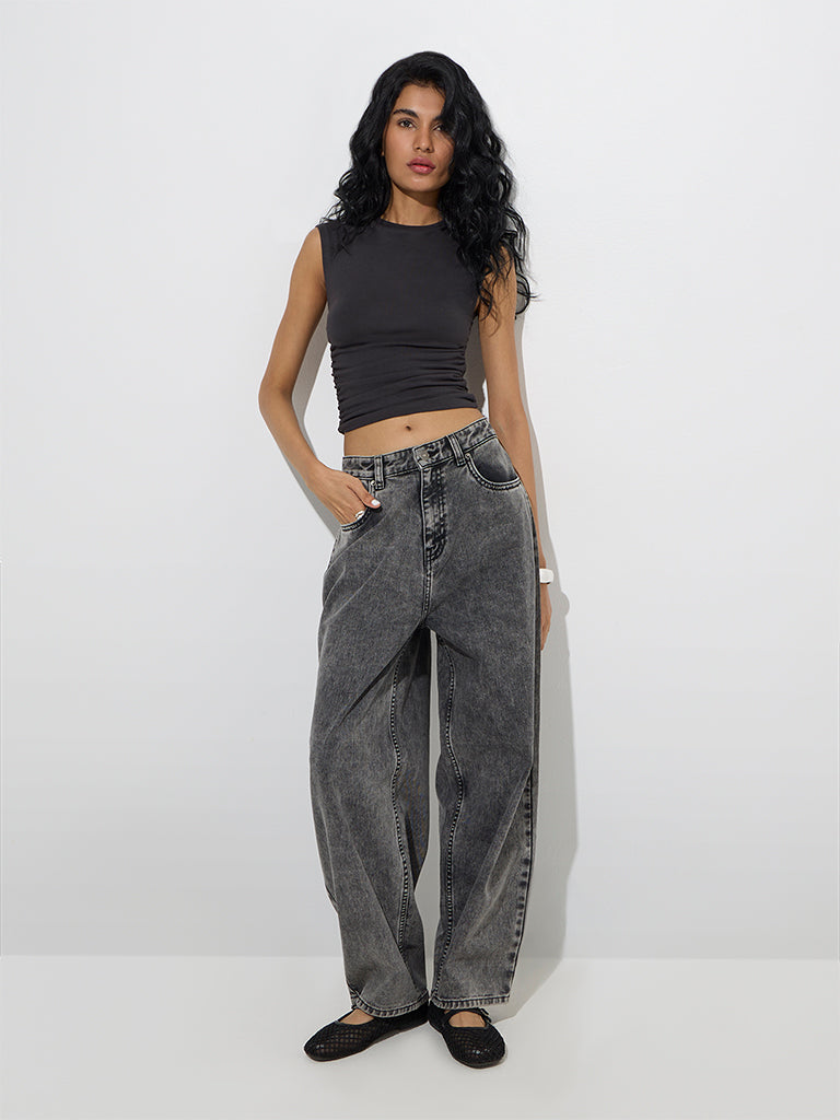 Nuon Grey Washed Relaxed-Fit High-Rise Jeans