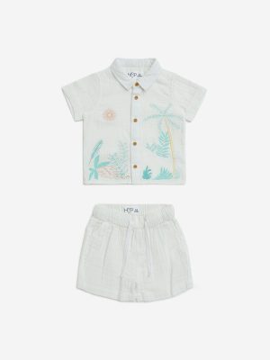 HOP Baby White Nature Embroidered Cotton Shirt with Shorts Set