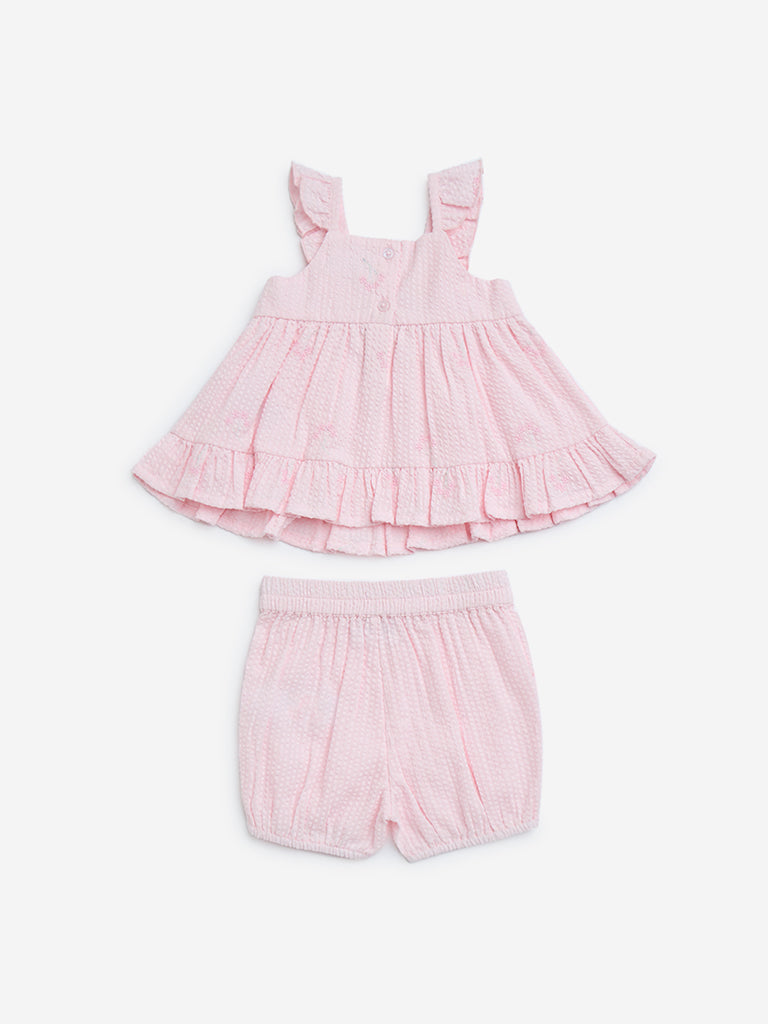 HOP Baby Pink Seersucker Cotton Top and Shorts Set - Image 2
