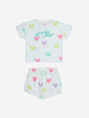HOP Kids Off-White Hearts Design Cotton T-Shirt and Shorts Set