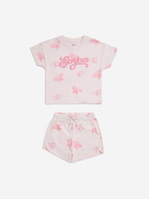 HOP Kids Pink Butterfly Print Cotton T-Shirt and Shorts Set