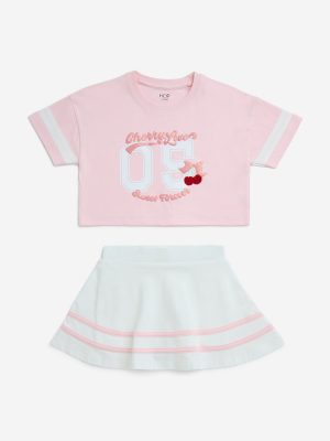 HOP Kids Light Pink Printed Cotton T-Shirt and Skirt Set