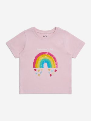 HOP Kids Pink Rainbow Sequin Design Cotton T-Shirt