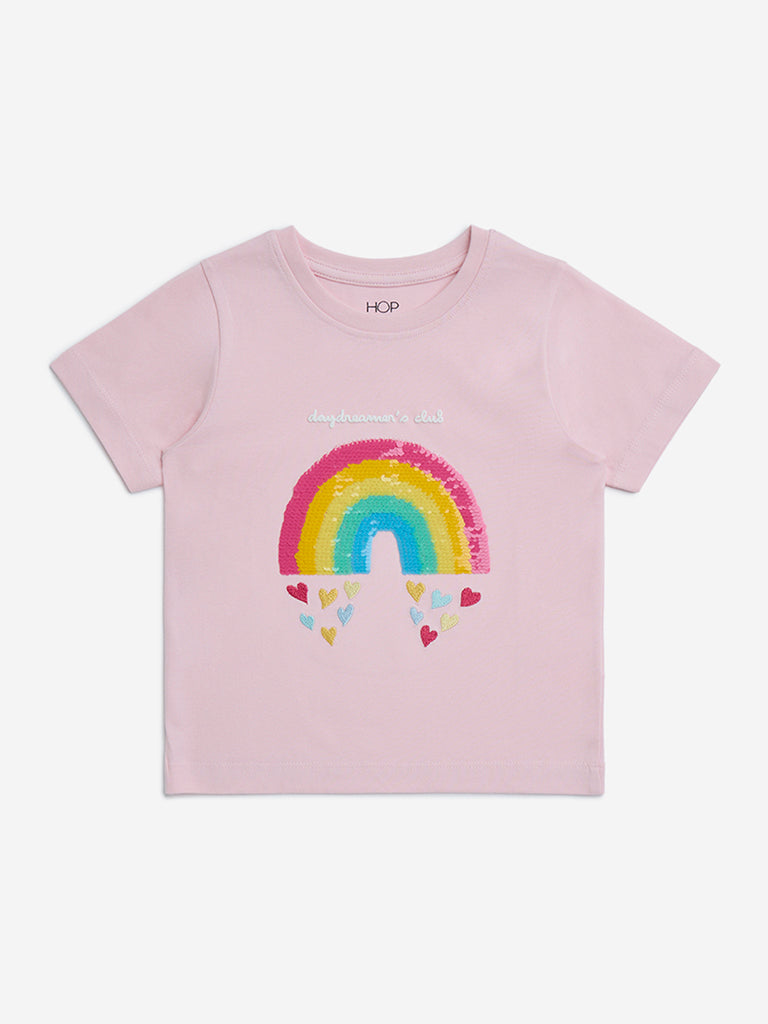 HOP Kids Pink Rainbow Sequin Design Cotton T-Shirt