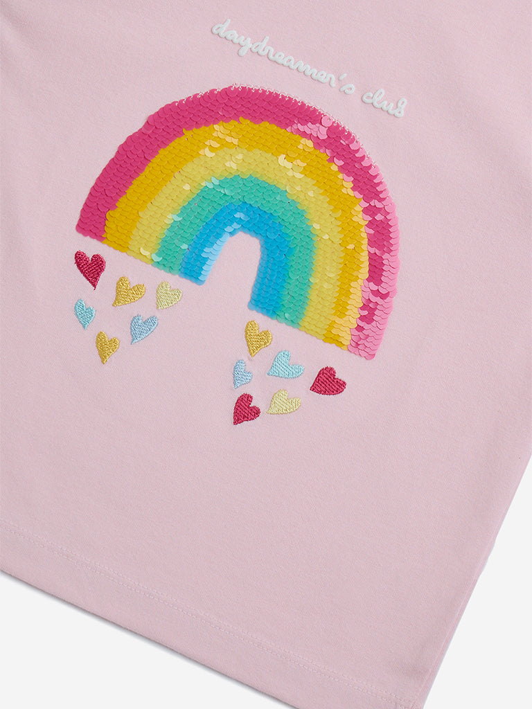 HOP Kids Pink Rainbow Sequin Design Cotton T-Shirt - Image 4