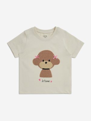 HOP Kids Beige Teddy Bear Design Cotton T-Shirt