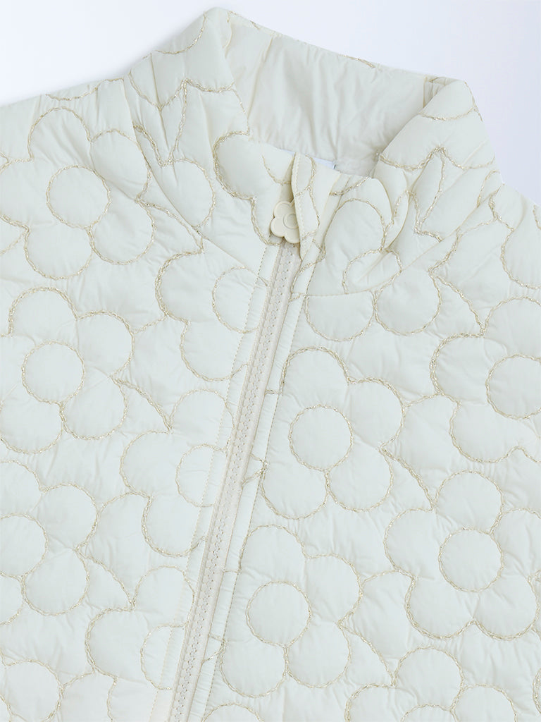 HOP Kids Off-White Floral Design Puffer Jacket - Image 3