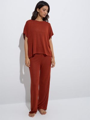Wunderlove Rust Knit-Textured High-Rise Lounge Pants
