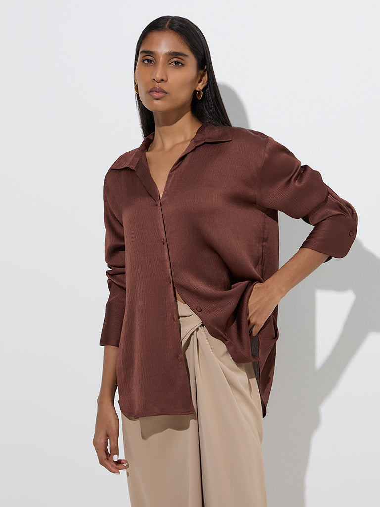 Wardrobe Dark Brown Satin Shirt - Image 2
