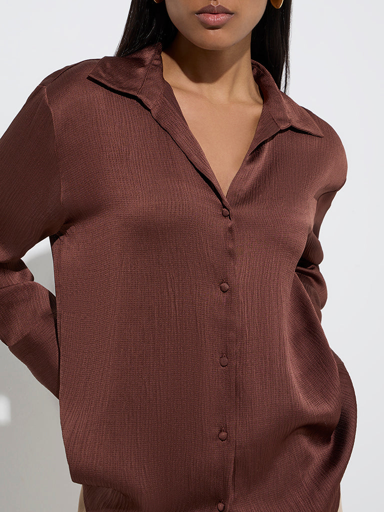 Wardrobe Dark Brown Satin Shirt - Image 3