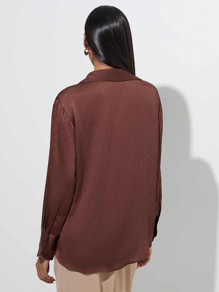 Wardrobe Dark Brown Satin Shirt - Image 4