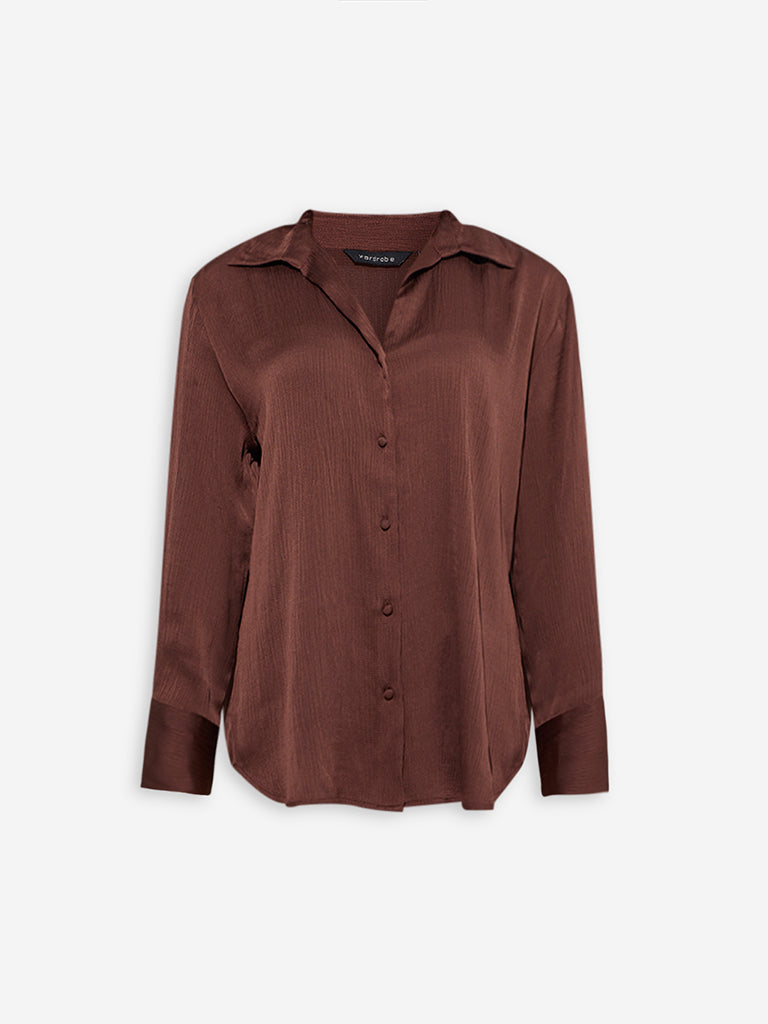 Wardrobe Dark Brown Satin Shirt - Image 5