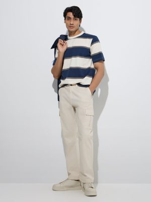 WES Casuals Navy Stripe Printed Relaxed-Fit Cotton T-Shirt