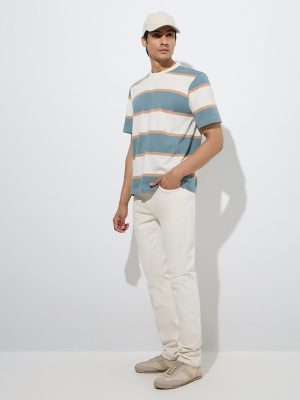 WES Casuals Teal Stripe Relaxed-Fit Cotton T-Shirt