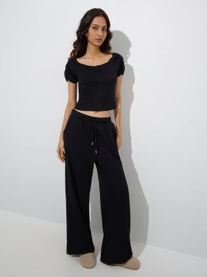 Superstar Black Ribbed-Textured Cotton-Blend Top