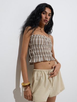 Nuon Beige Checkered Cotton Top