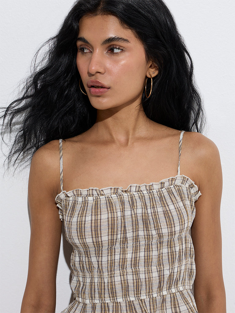 Nuon Beige Checkered Cotton Top - Image 3