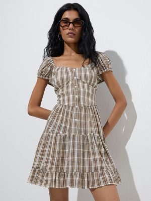 Nuon Beige Checks Design Cotton Tiered Dress