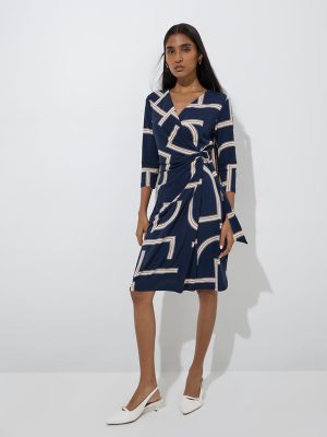 Wardrobe Navy Abstract Printed Wrap-Style Dress