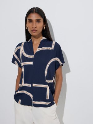 Wardrobe Navy Abstract Printed Blouse