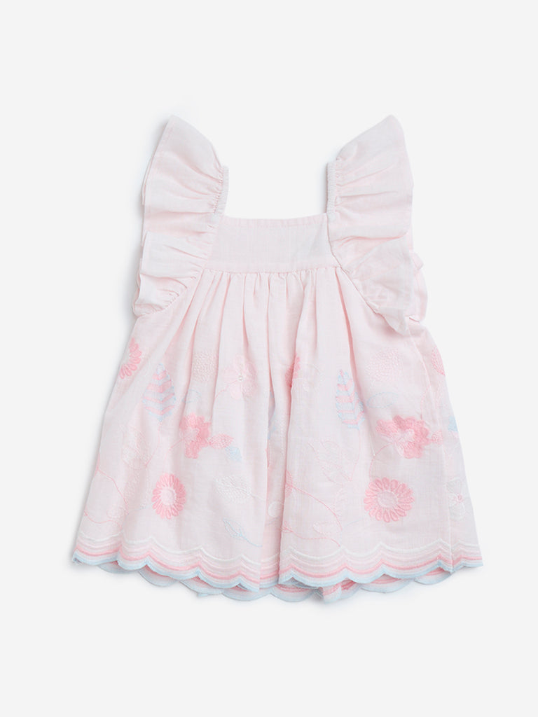 HOP Baby Pink Floral Embroidered Cotton A-Line Dress - Image 2
