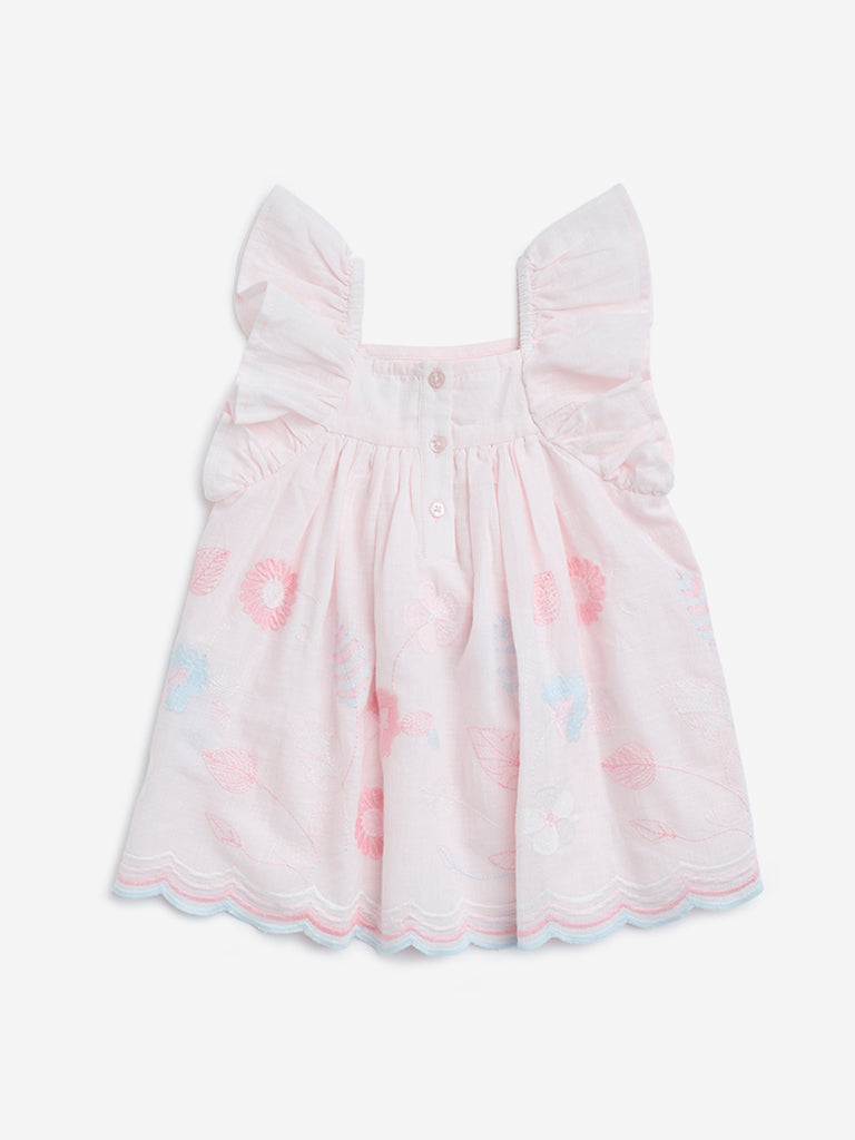 HOP Baby Pink Floral Embroidered Cotton A-Line Dress - Image 3