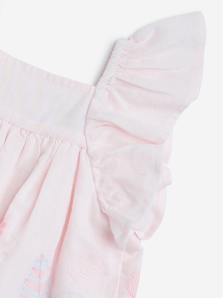 HOP Baby Pink Floral Embroidered Cotton A-Line Dress - Image 4