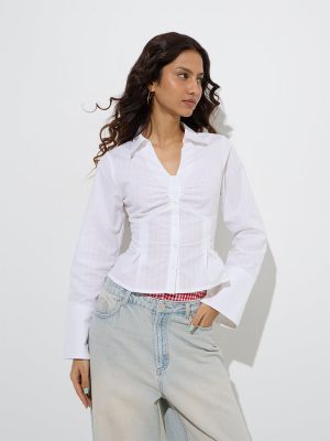 Nuon White Ruched Detailed Cotton Shirt
