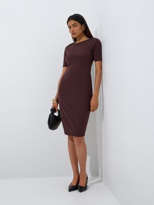 Wardrobe Brown Self-Striped Bodycon Dress