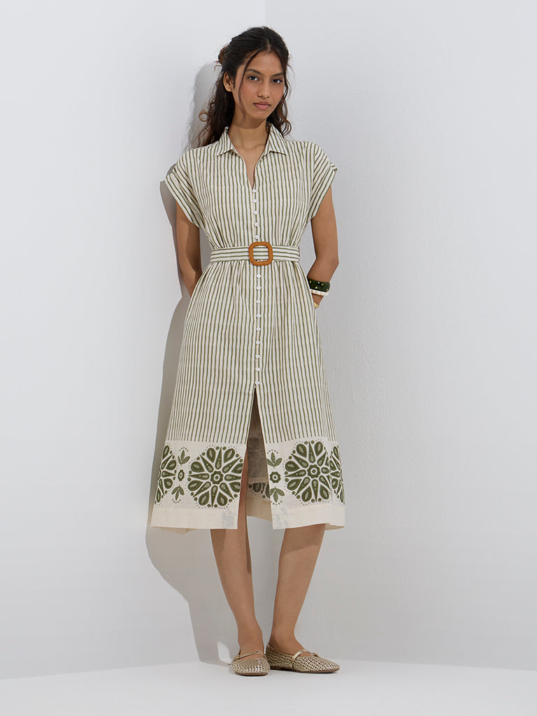 Bombay Paisley Olive Stripe Cotton Shirt Dress with Belt - Image 2