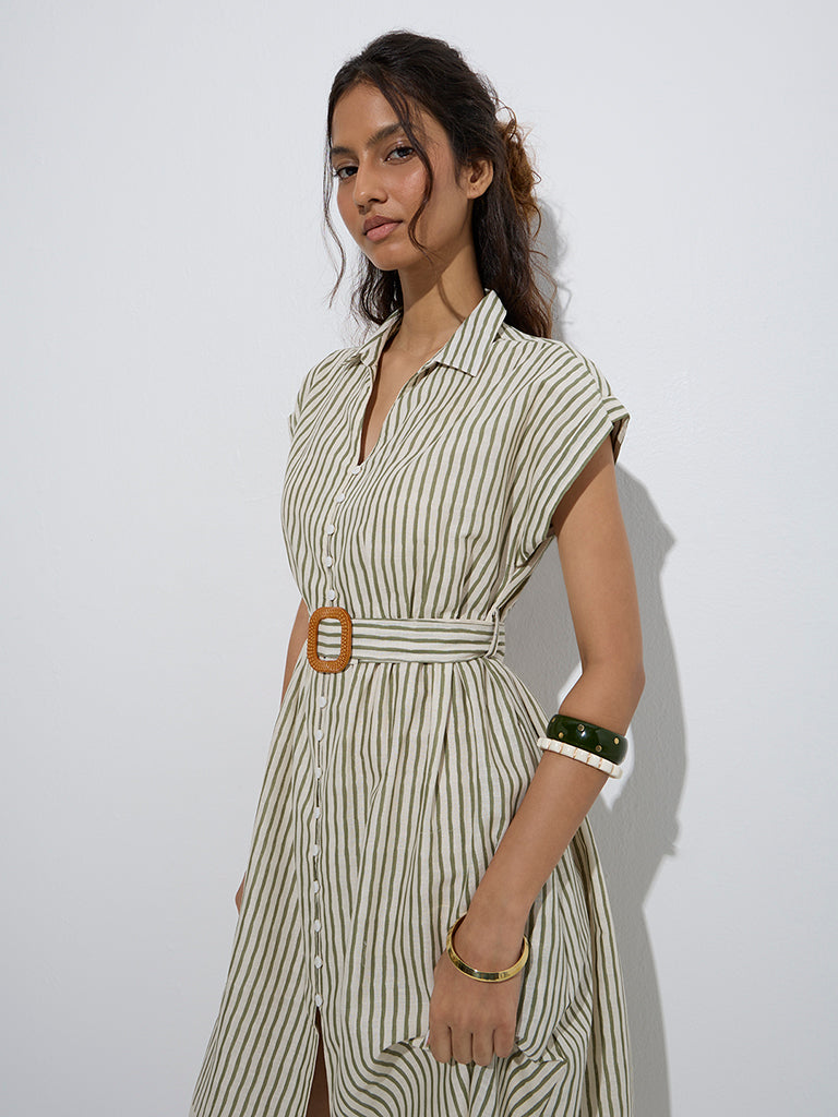 Bombay Paisley Olive Stripe Cotton Shirt Dress with Belt - Image 3