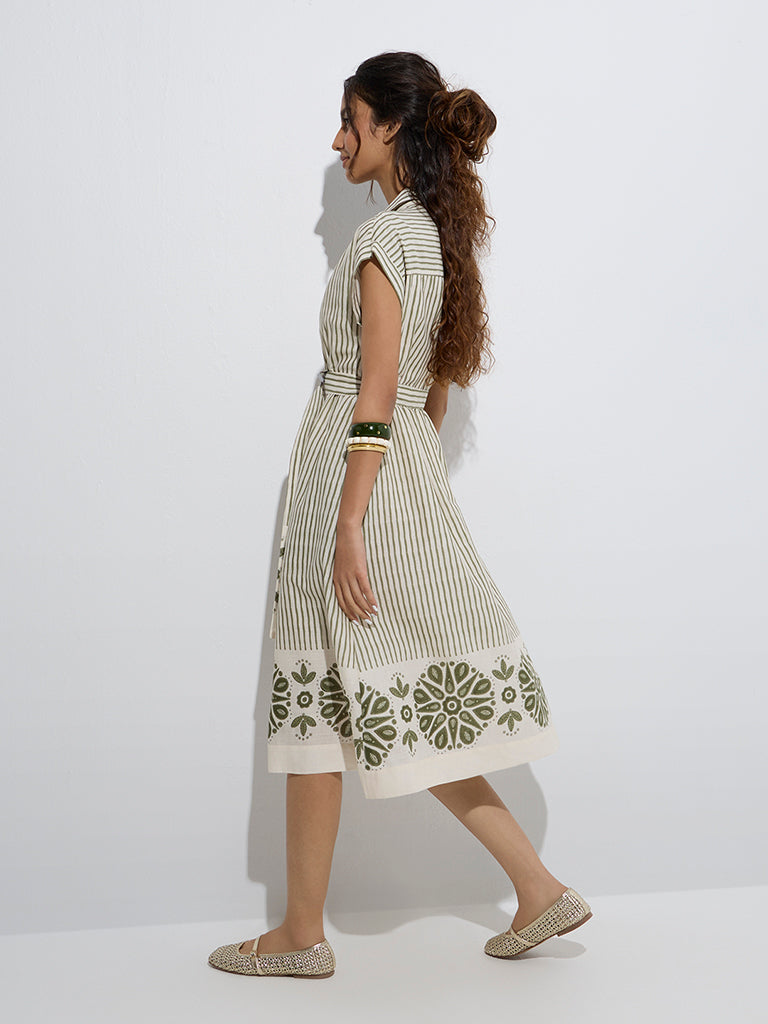 Bombay Paisley Olive Stripe Cotton Shirt Dress with Belt - Image 4