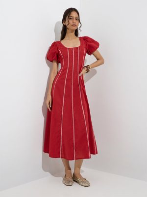 Bombay Paisley Red Embroidered Cotton-Blend A-Line Dress