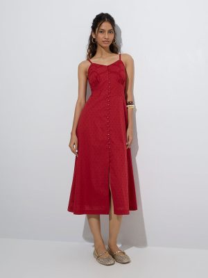 Bombay Paisley Red Swiss-Dot Design Cotton A-Line Dress