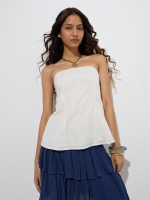 Bombay Paisley Off-White Embroidered Cotton-Blend Tube Top
