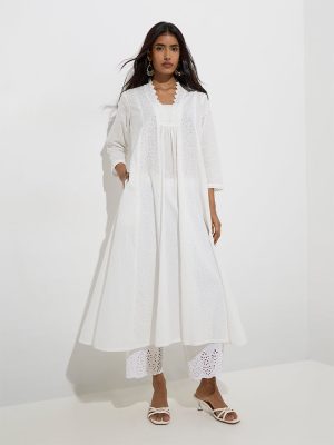 Utsa White Floral Embroidered Cotton A-Line Kurta