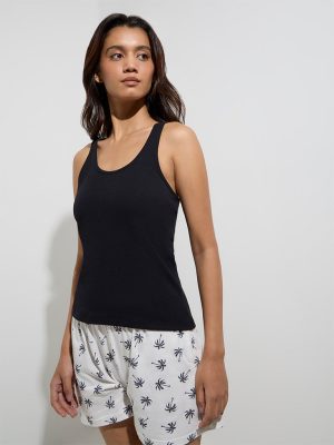 Wunderlove Black Ribbed Cotton-Blend Hidden Camisole