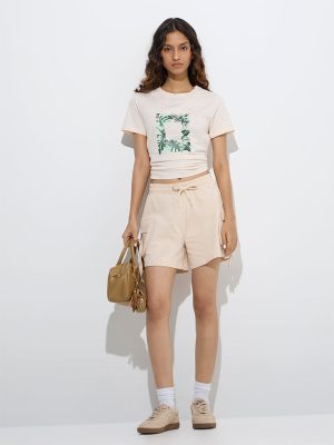 Studiofit Cream Botanical Printed Cotton T-Shirt