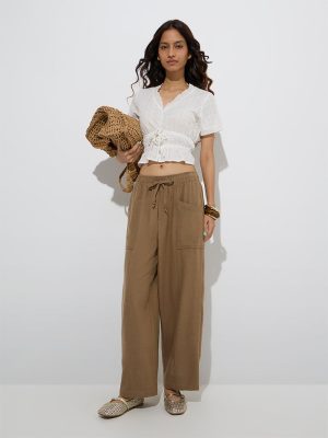 Bombay Paisley Brown Solid Cotton-Blend Pants