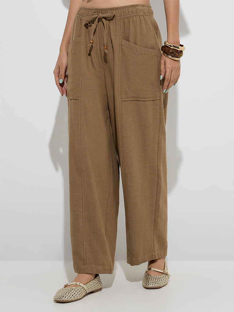 Bombay Paisley Brown Solid Cotton-Blend Pants - Image 2