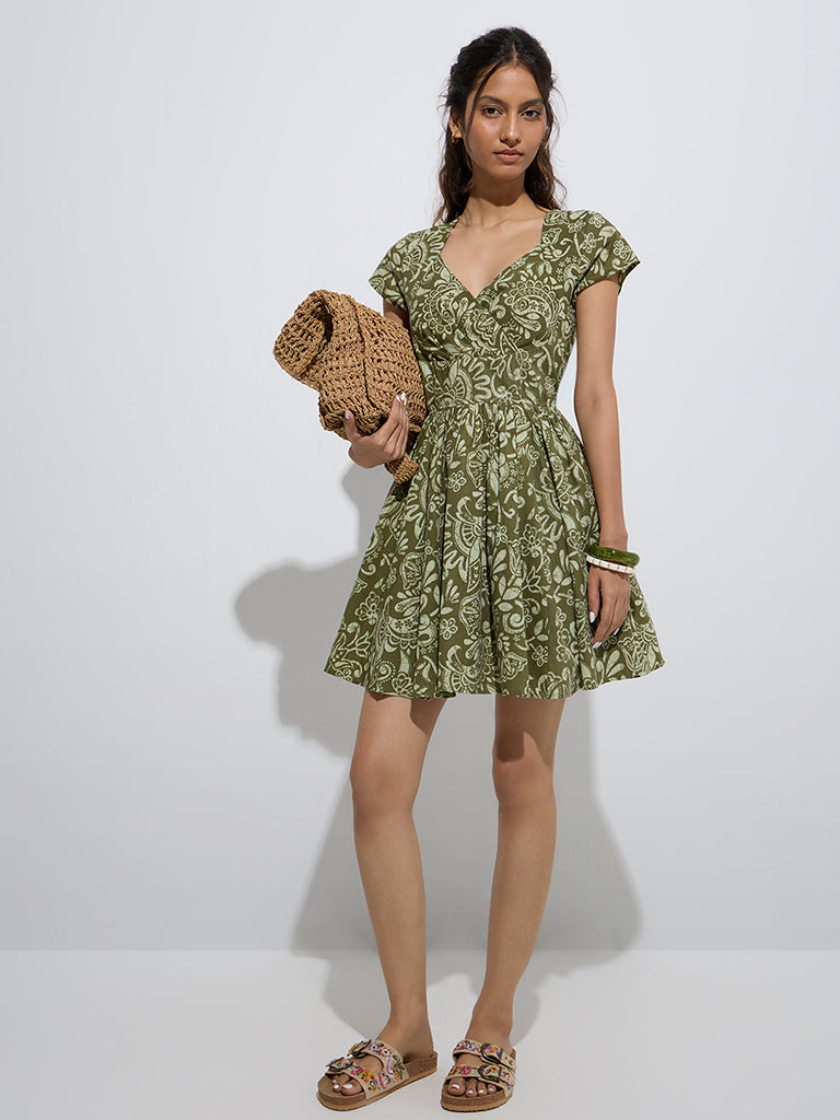 Bombay Paisley Olive Paisley Design Cotton A-Line Dress