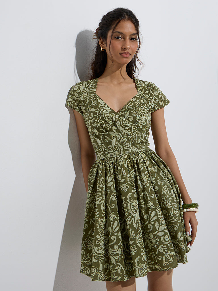 Bombay Paisley Olive Paisley Design Cotton A-Line Dress - Image 2
