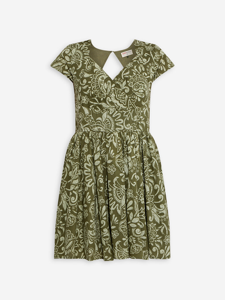 Bombay Paisley Olive Paisley Design Cotton A-Line Dress - Image 5