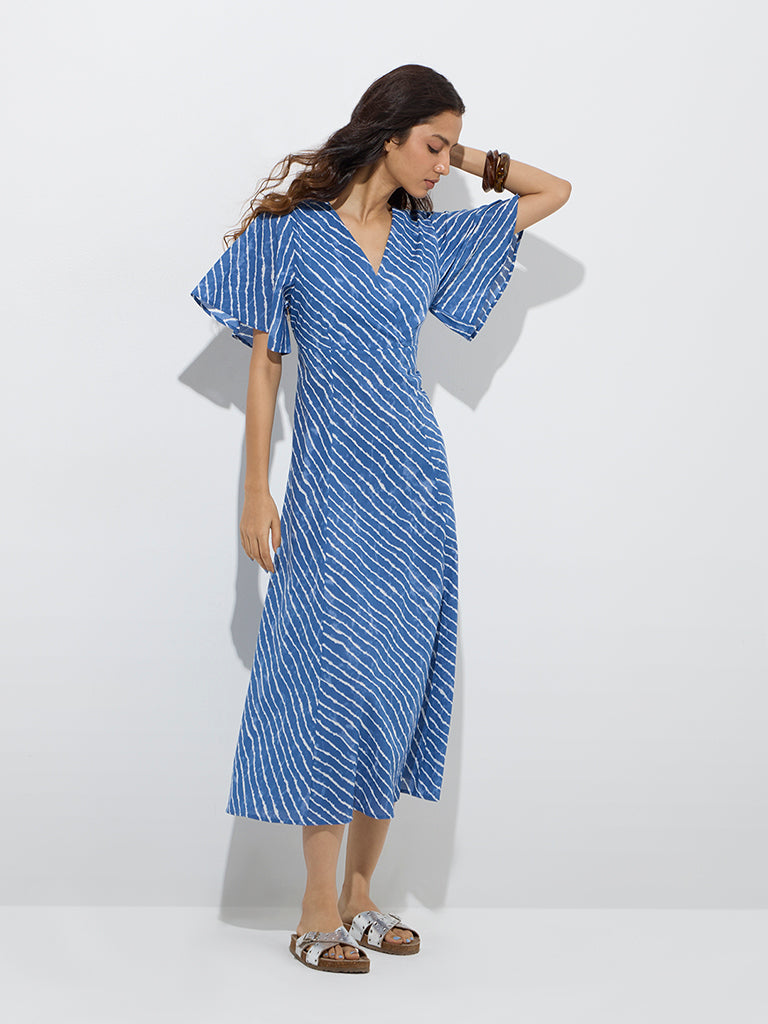 Bombay Paisley Blue Stripes Printed Cotton A-Line Dress - Image 2