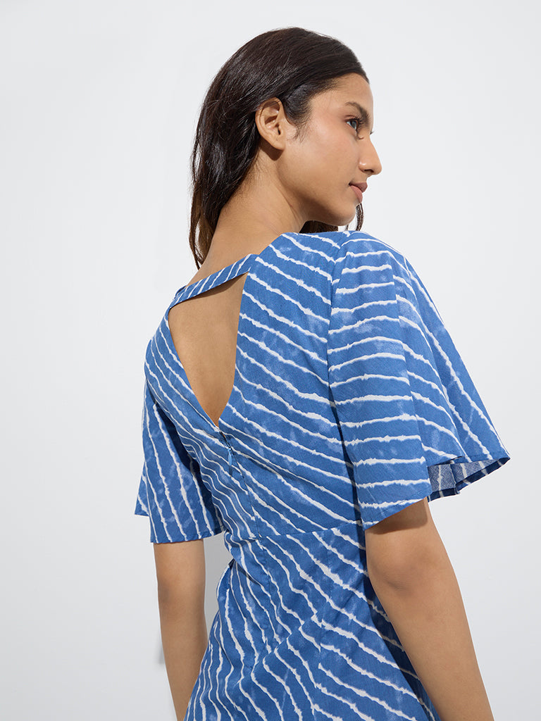 Bombay Paisley Blue Stripes Printed Cotton A-Line Dress - Image 3