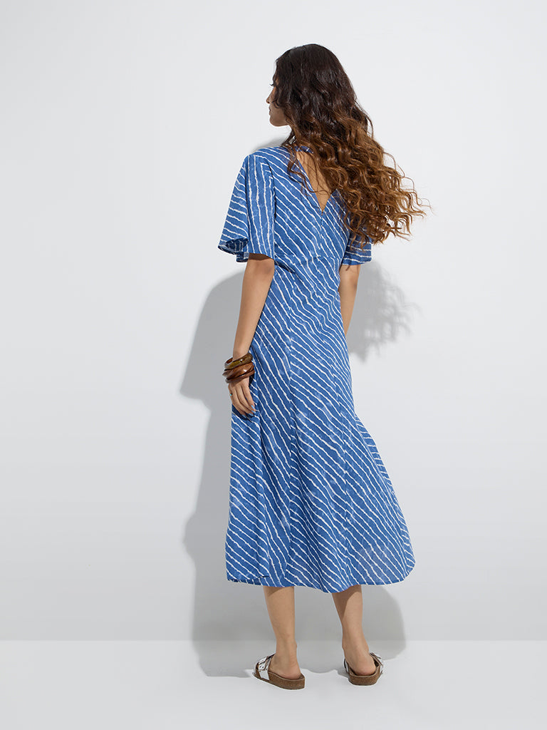 Bombay Paisley Blue Stripes Printed Cotton A-Line Dress - Image 4