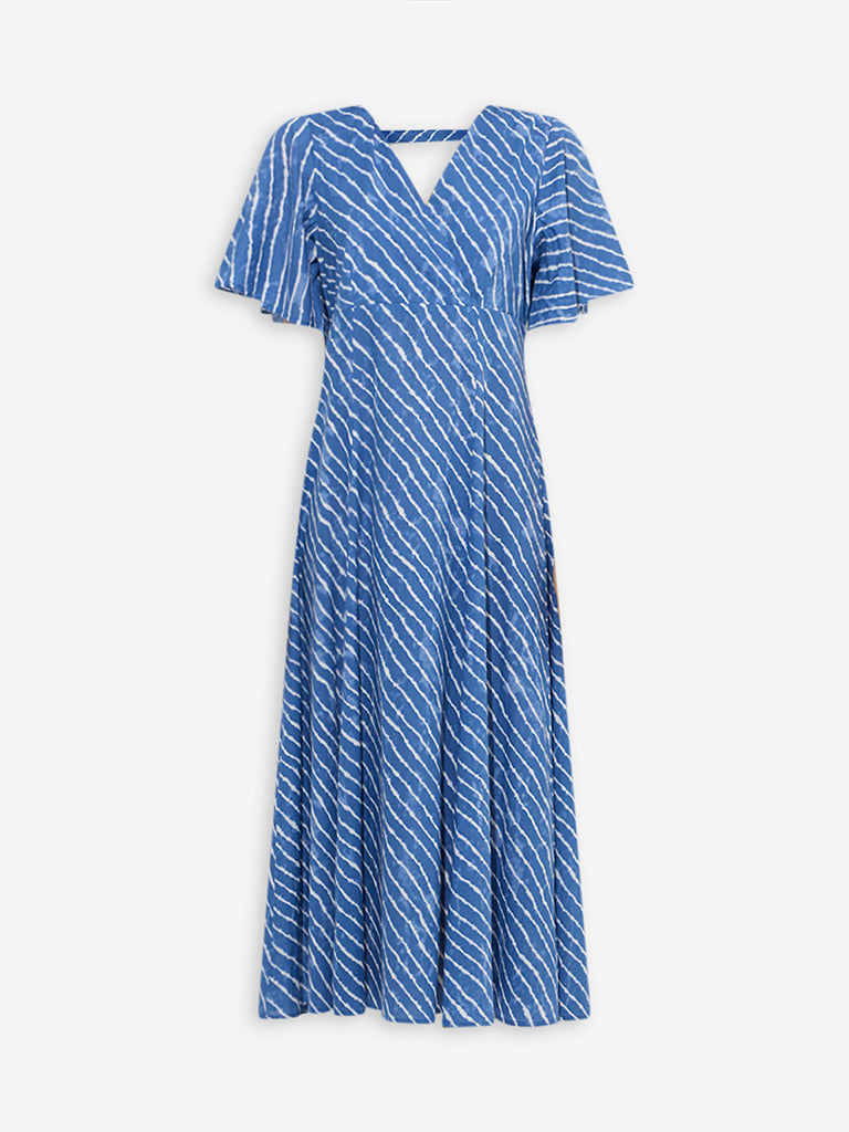 Bombay Paisley Blue Stripes Printed Cotton A-Line Dress - Image 5
