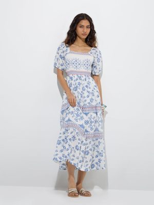 Bombay Paisley White Floral Patterned Cotton Tiered Dress